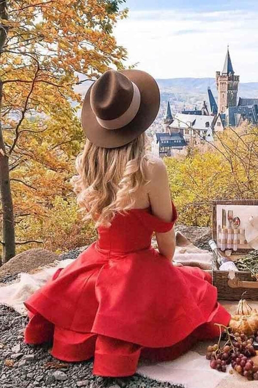 A-Line Red Satin Straps Short Prom Dress Homecoming Dress PD377