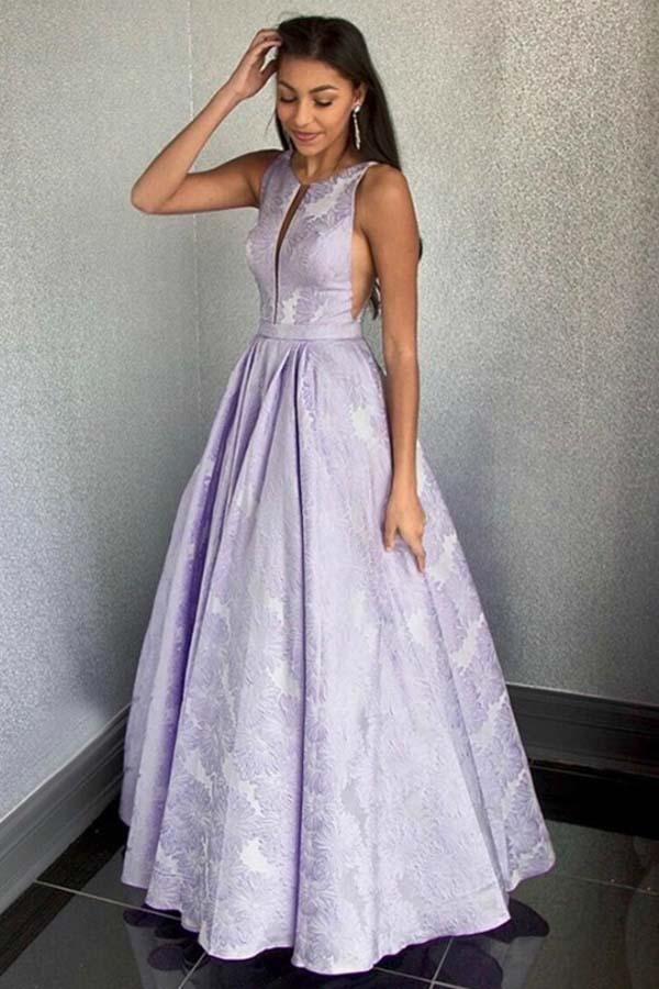 A-Line Round Neck Floor-Length Lilac Printed Prom Dress PG986