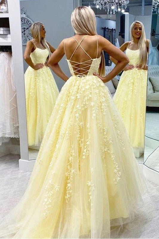 A-line Round Neck Tulle Lace Yellow Prom Dress Formal Dress PSK032
