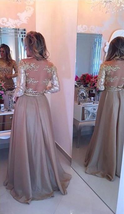 A-Line Scoop Champagne Prom Dress Long Sleeves Evening Dress PG972