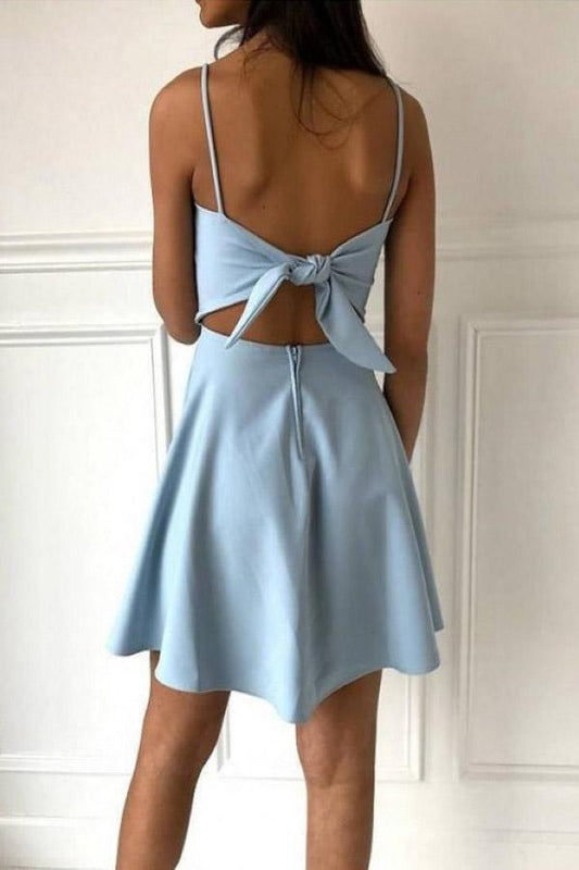 A-Line Spaghetti Straps Above-Knee Light Blue Satin Homecoming Dress PD390