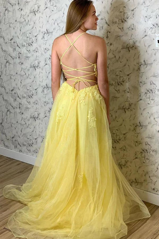 A Line Spaghetti Straps Yellow Prom Dress With Appliques PSK211