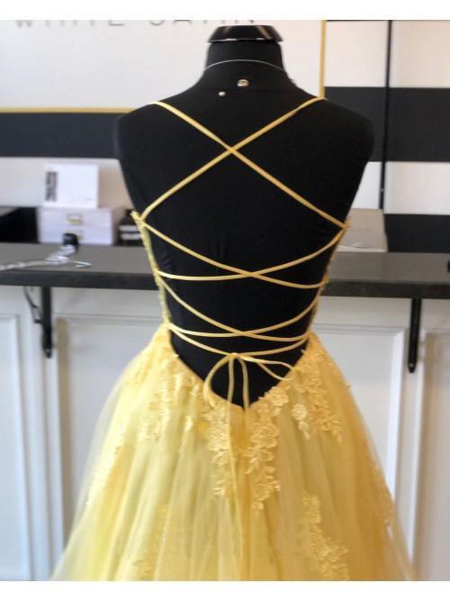A Line Spaghetti Straps Yellow Prom Dress With Appliques PSK211