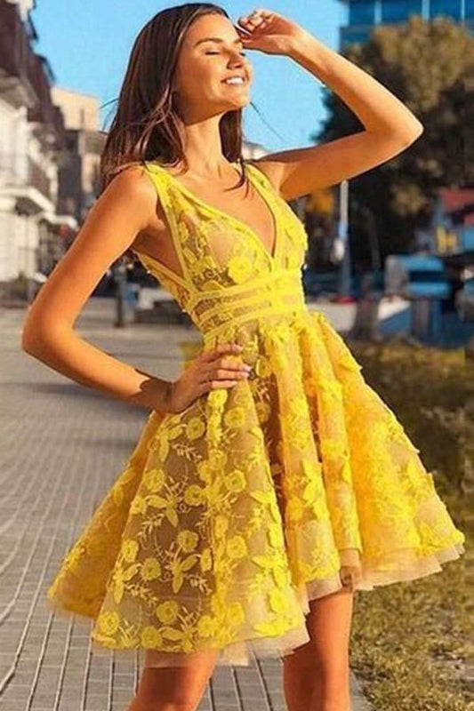 A-line V-neck Sleeveless Short Yellow Homecoming Dress PD381