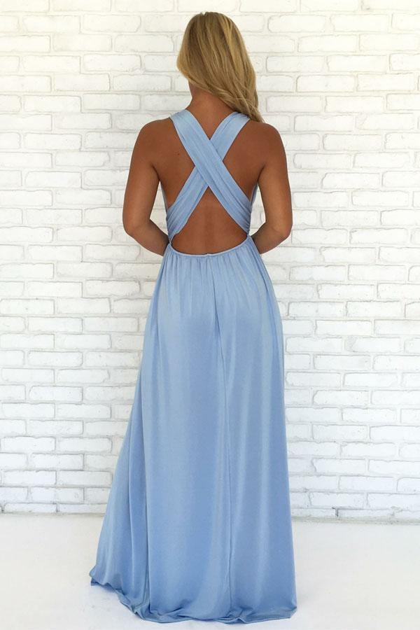 A-Line V-Neck Criss-Cross Straps Sky Blue Chiffon Prom Dress PG997