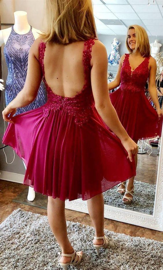 A-line V-neck Homecoming Dress Backless Short Prom Dress PD401