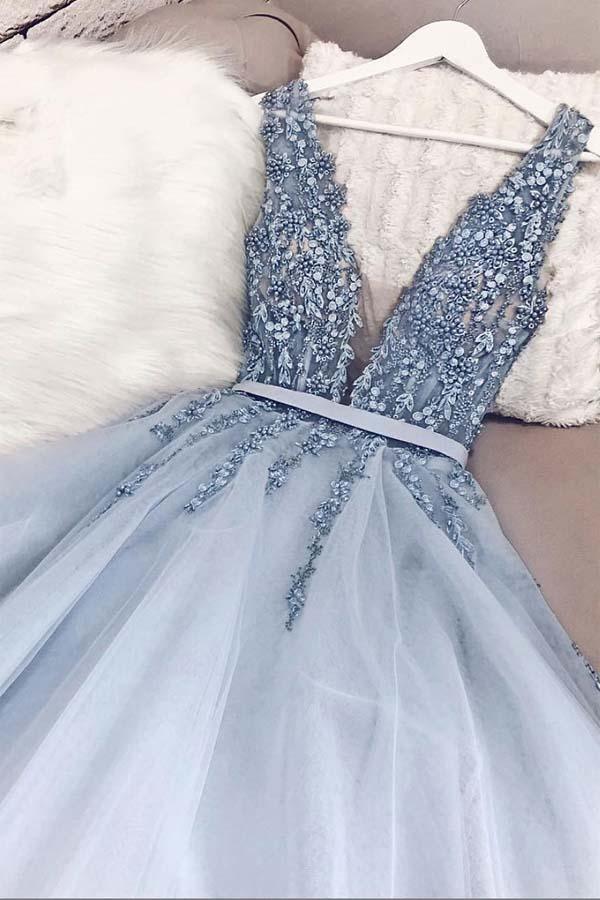 A-line V Neck Plunging Neck Light Blue Prom Dress with Beading PM239