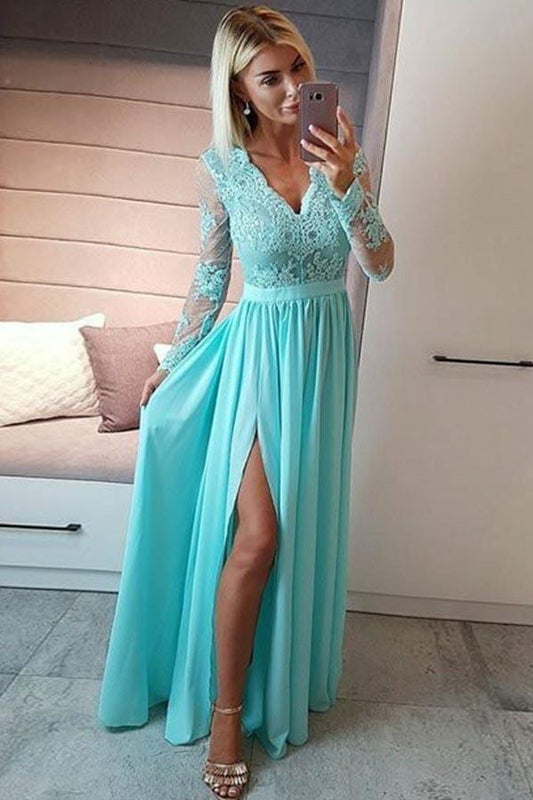 A-Line V-Neck Royal Blue Long Sleeves Prom Dress with Appliques PG996