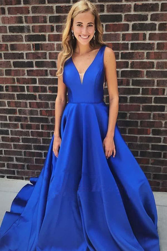 A-line V Neck Satin Simple Prom Dresses Formal Dress PM247