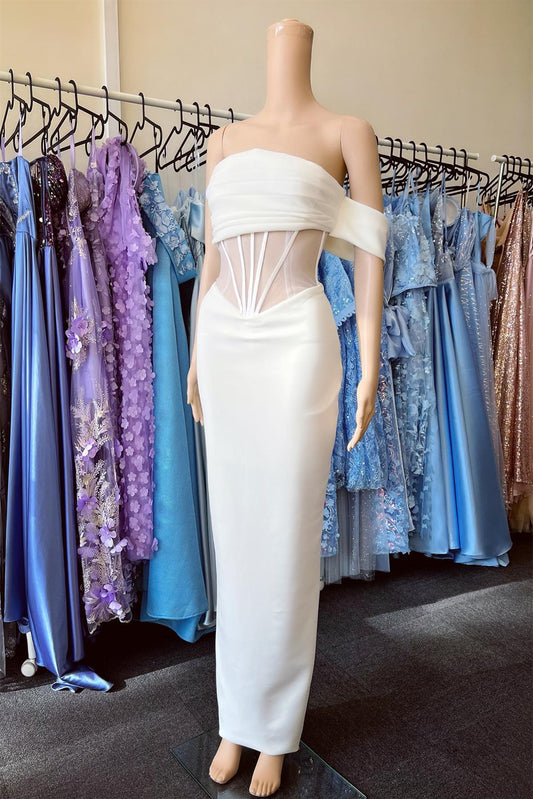 White Off-Shoulders Straight Across A-Line Prom Dress Sheer with Pleated