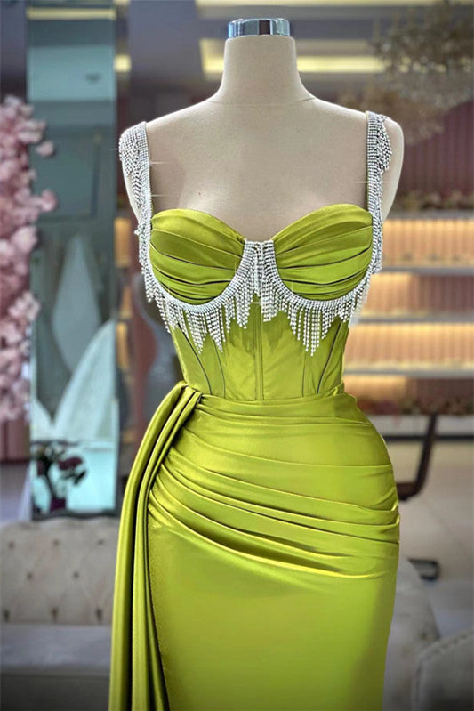 Gorgeous Green Spaghetti Strap Mermaid Prom Dress Pleated with Rhinestone