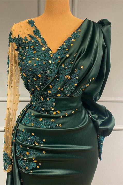 Dark Green One Shoulder V-Neck Mermaid Prom Dress Pleated with Beaded