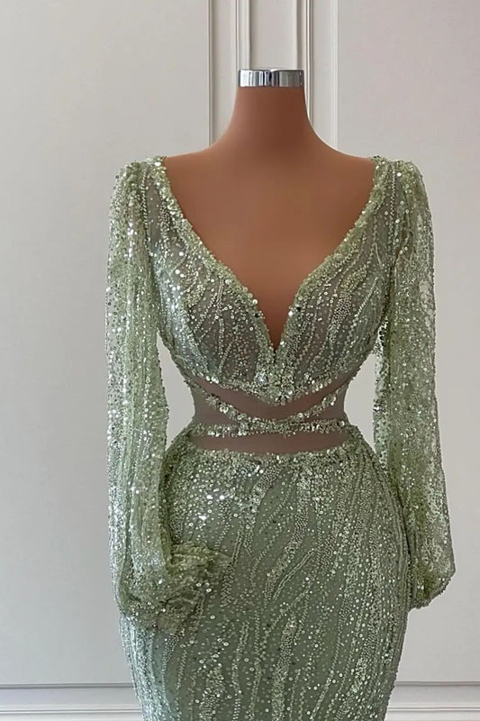 Green Long Sleeve Deep V-Neck Mermaid Prom Dress Backless with Beading