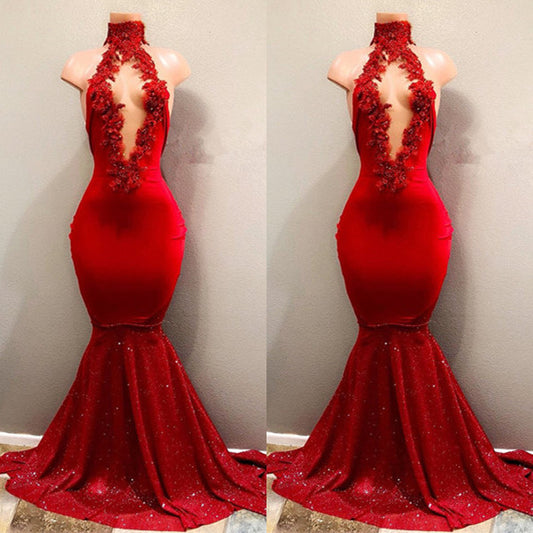 High Collar Red Prom Dress Mermaid Sequins | Liymcdress
