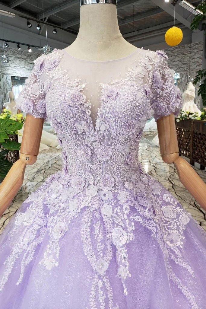 Ball Gown Short Sleeves Lilac Wedding Dresses with Lace PM244