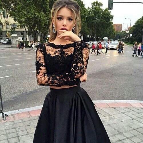 Bateau Neck Two Piece Black Long Sleeves Prom Dress PG319