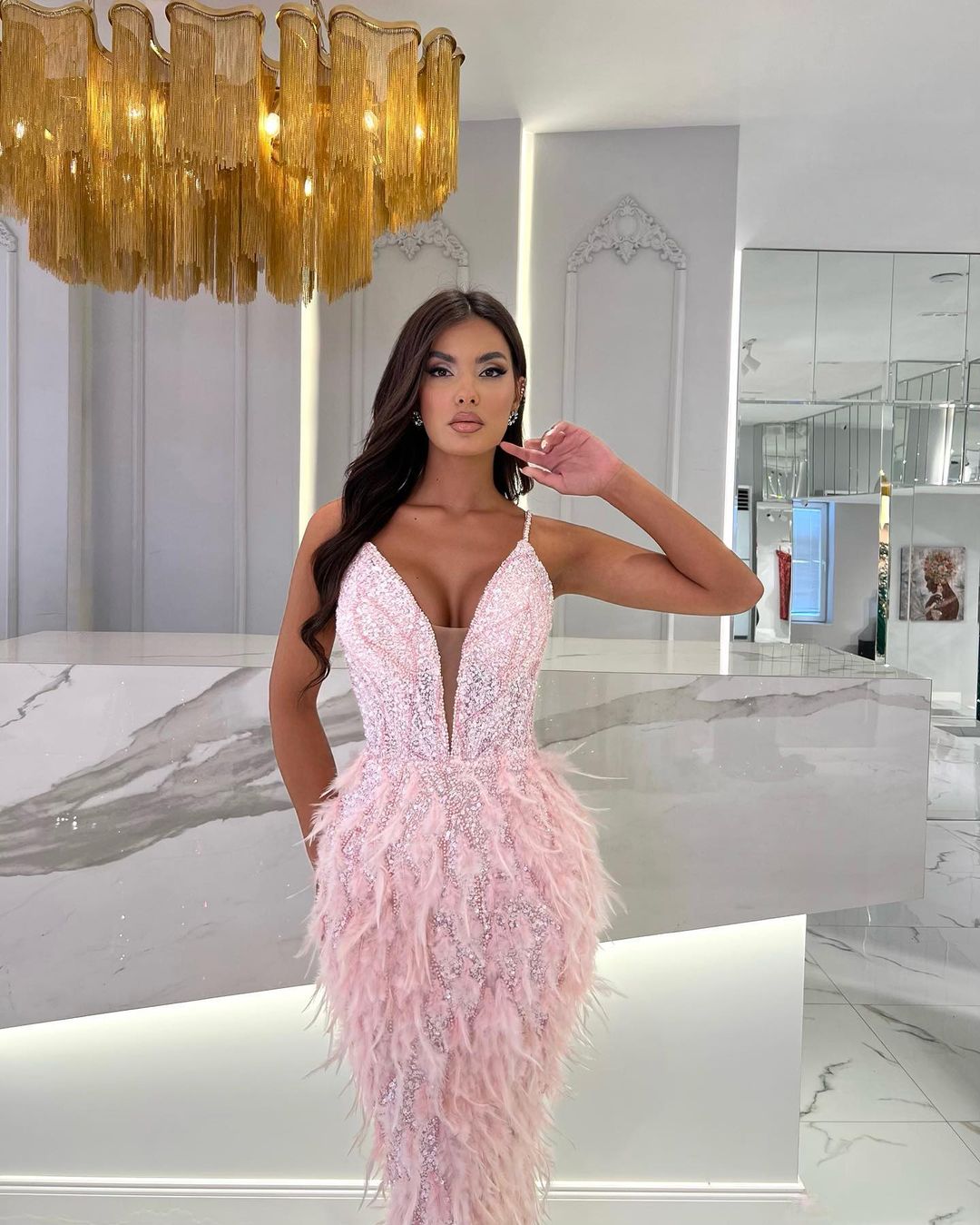 Sequins Short Pink Tassel Prom Dress Sleeveless Spaghetti Strap YL0289