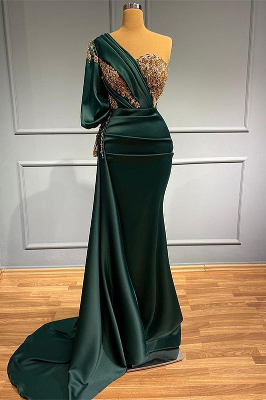 Dark Green Long Sleeve One Shoulder Mermaid Prom Dress Pleated with Rhinestone