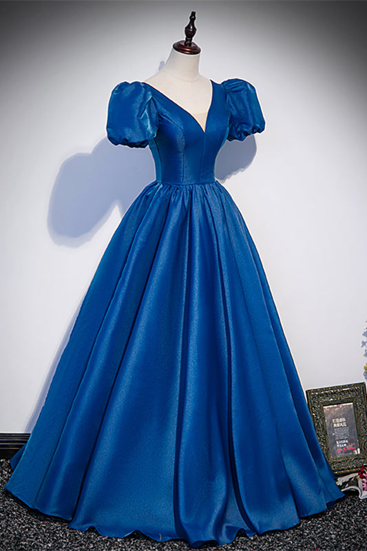 Elegant Blue Satin A-Line V-Neck Puff Sleeves Evening Party Dress