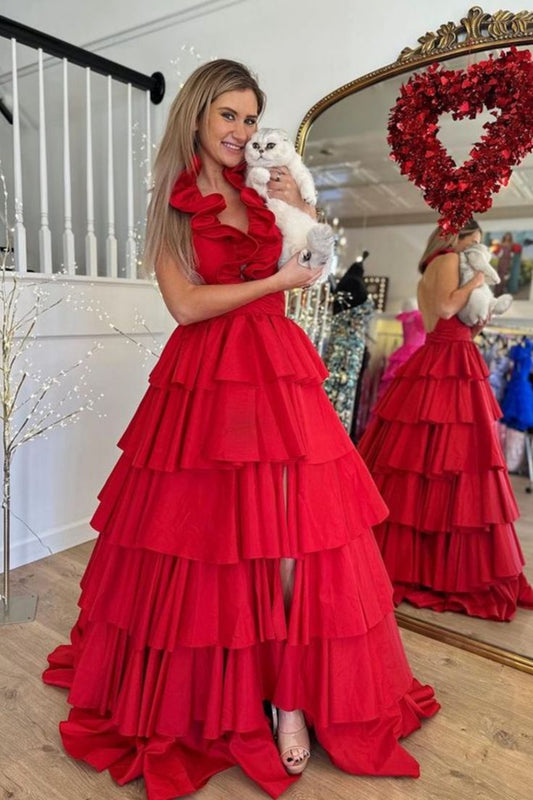 Chic Satin A-Line V-Neck Halter Sleeveless Tiered Prom Dress