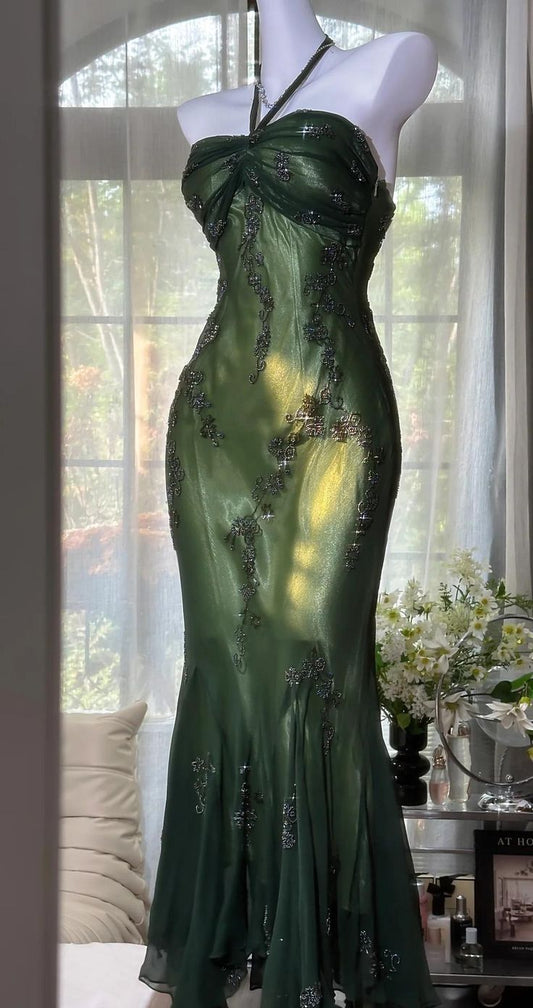 Vintage Green Mermaid Halter Beaded Chiffon Prom Dress SH5071