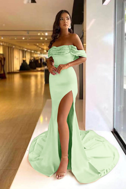 Off-The-Shoulder Beads Mermaid Pink Purple Prom Dress Long Split | Liymcdress