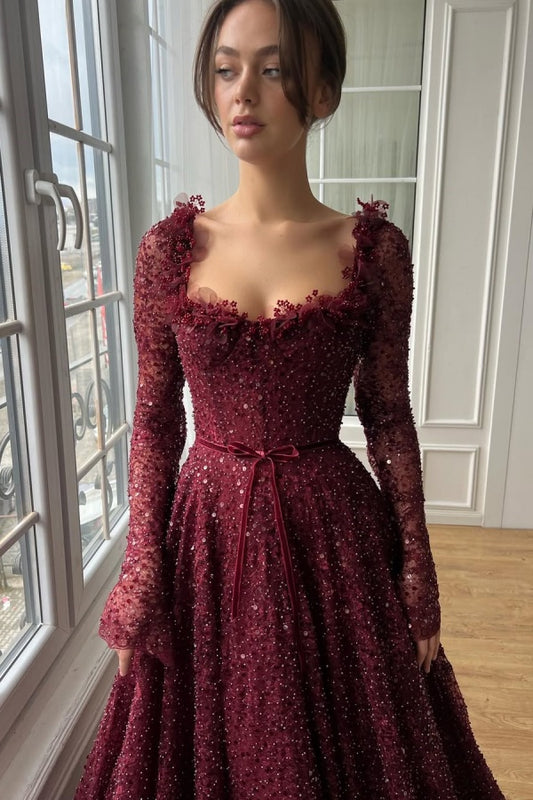 Burgundy Strapless Long Sleeves Lace Prom Dress with Sequins QL0015
