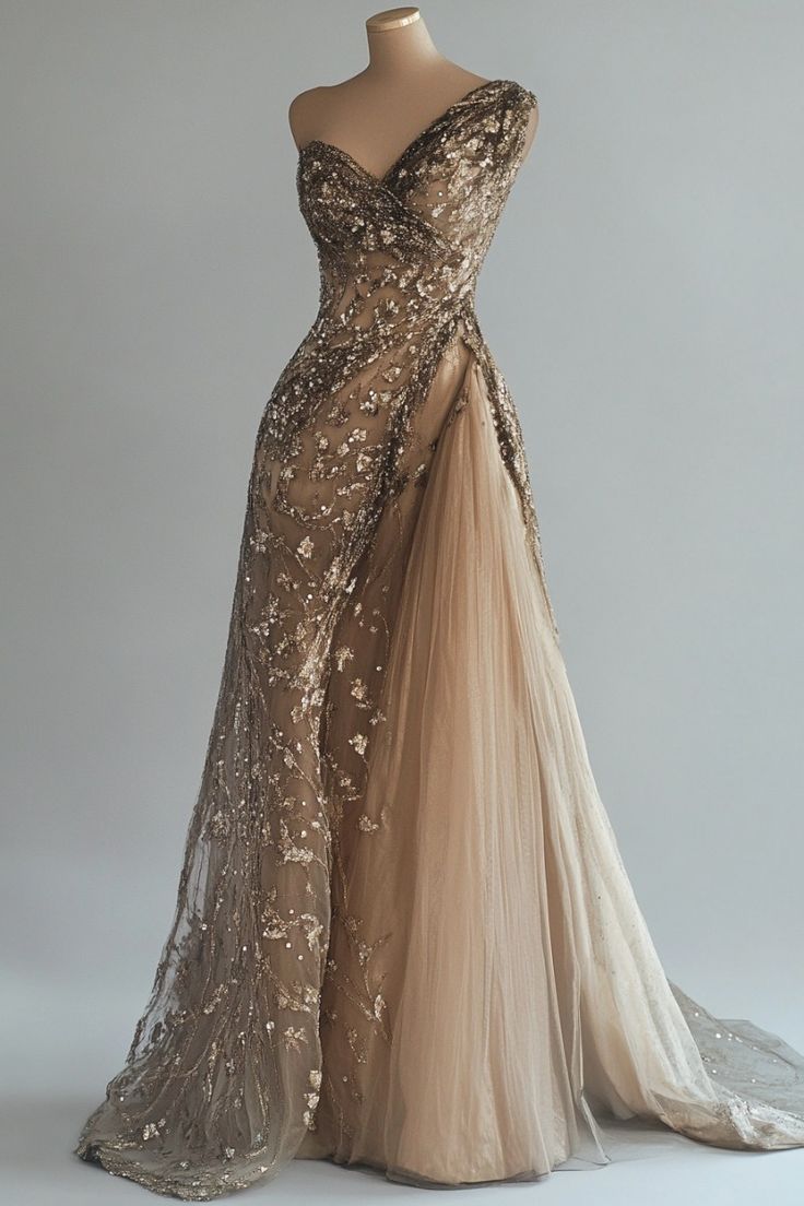 Champagne Vintage A-Line One-Shoulder Sequined Tulle Long Prom Dress