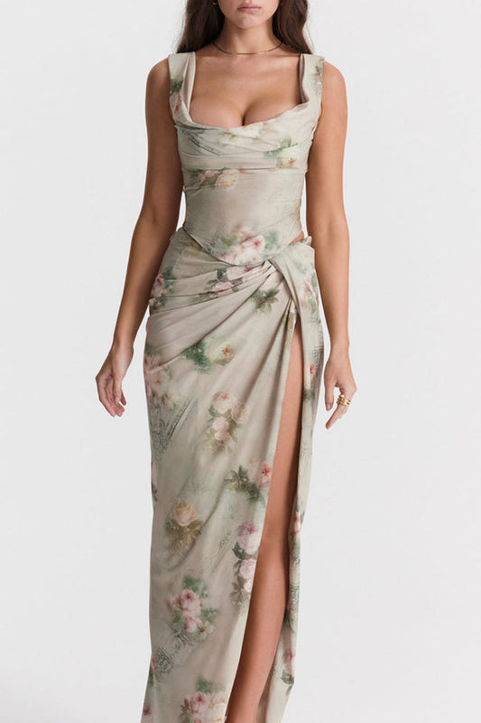 Chic Summer White Prints Straps With High Slit Prom Dress | Liymcdress