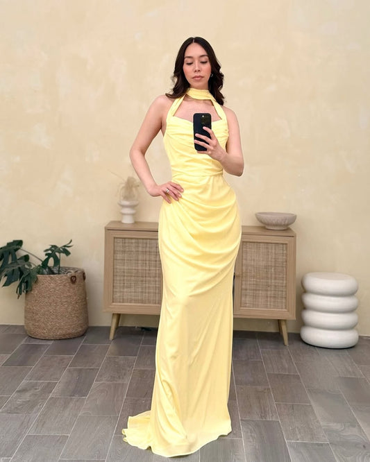 Lively Yellow Halter Strap Prom Dress Floor Length Mermaid with pleated - liymcdress
