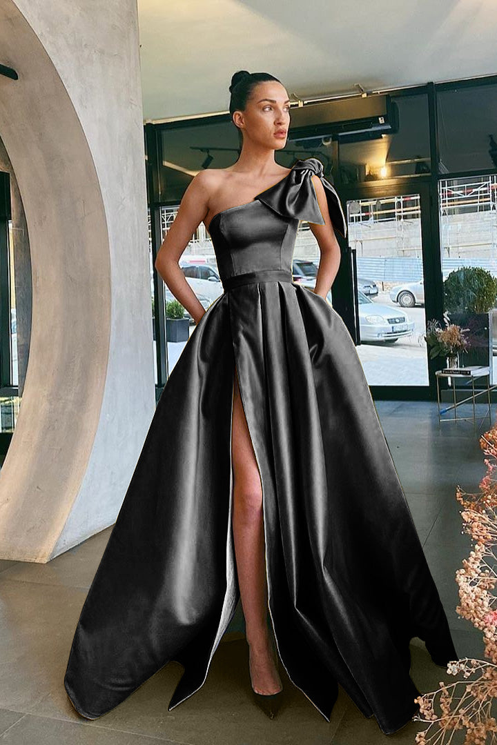 Yellow One-Shoulder Prom Dress Split with Pockets - liymcdress