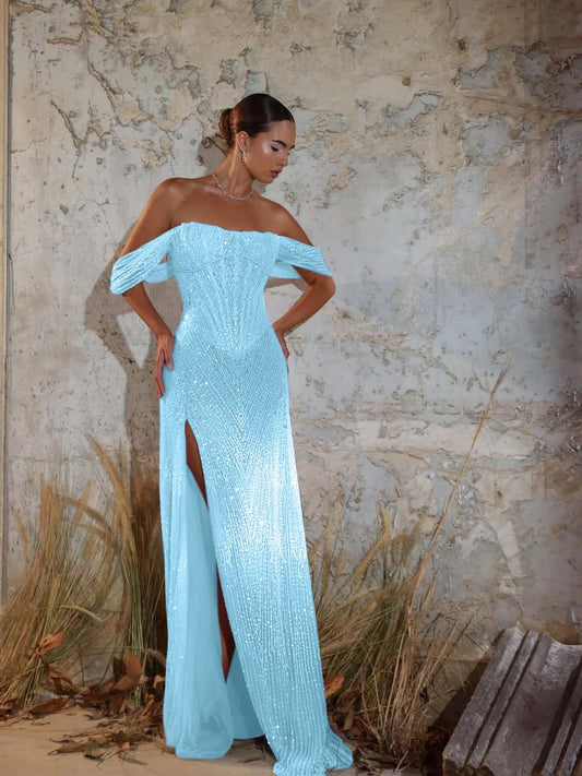 Purple Strapless Off-the-Shoulder Sheath Prom Dress with Sequins Train - liymcdress