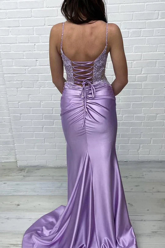 Deep V-Neck Purple Prom Dress Appliques Spaghetti Straps