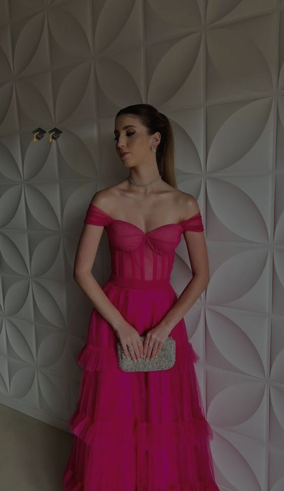 Unique Long Hot Pink Prom Dress A-line Wedding Guest Dresses