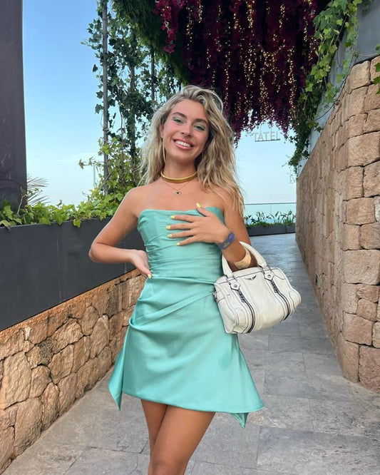 Cute A Line Strapless Mint Green Satin Mini Short Formal 7th Grade Homecoming Dresses Middle School Short Prom Dress Hoco Outfits DH1373