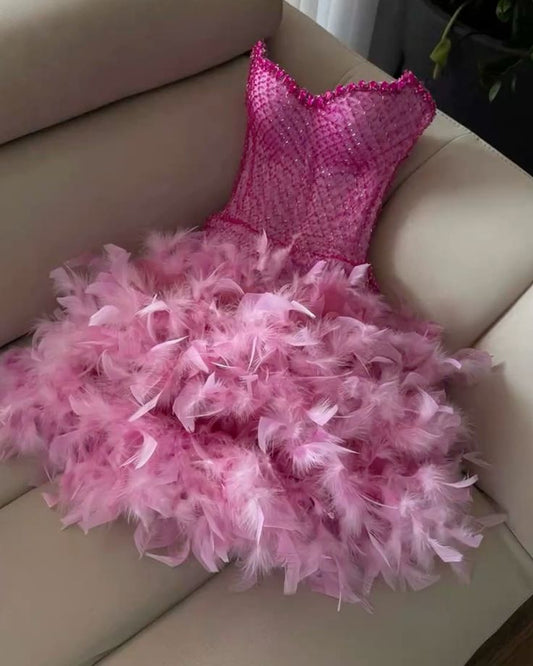 Trendy Sheath Sweetheart Pink Beads Feathers Sequin Mini Short Formal 8th Grade Homecoming Dresses Middle School Short Prom Dress Hoco Outfits DH1402