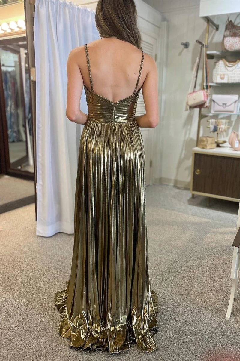 Charming Gold Halter Sleeveless A-Line Prom Dress Pleated with Split