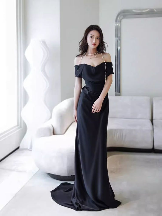 Simple Mermaid Off The Shoulder Black Prom Dresses Evening Dress fg6846