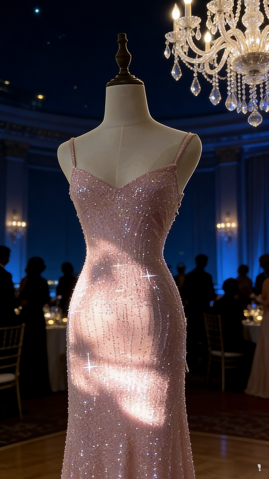 Chic Pink Long Prom Dresses Spaghetti Straps Sheath Evening Dresses Sequins Tulle Sleeveless Party Dresses ED06124