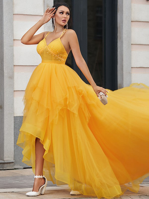 Yellow V Neck Spaghetti-Strap High-Lo Tulle Prom Dress - liymcdress