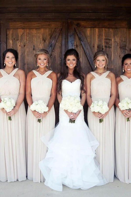 Elegant Long Chiffon Pink Bridesmaid Dress with Sash BD072