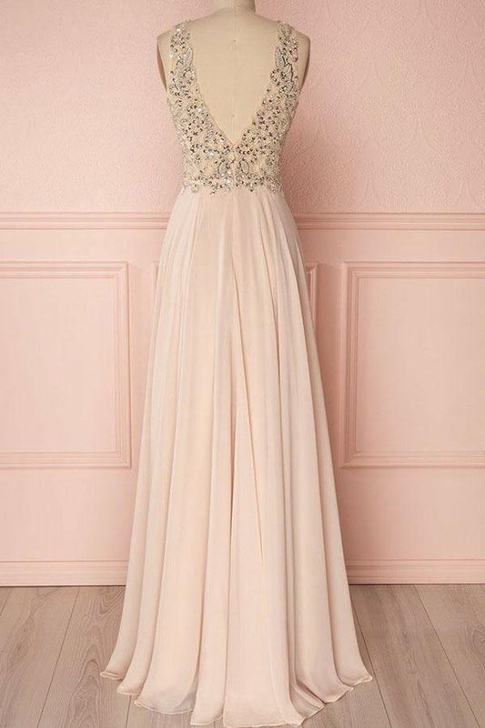 Elegant V-neck Sleeveless Pink Backless Prom Evening Dress with Sequins PM217
