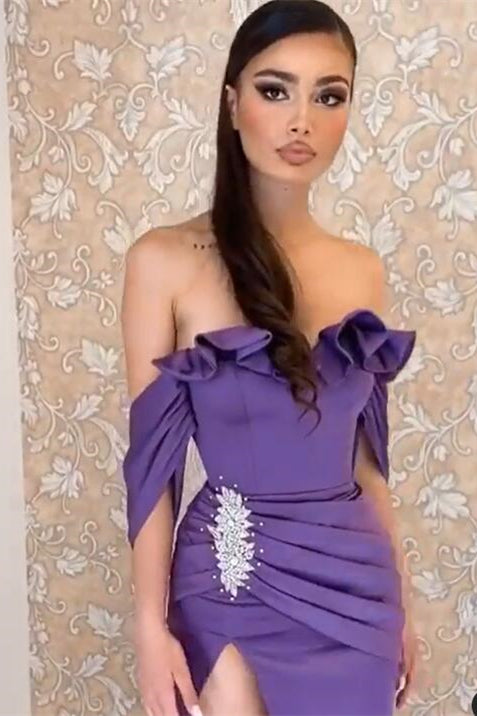 Off-the-Shoulder Purple Prom Dress Split - liymcdress