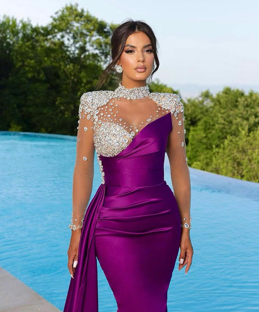 Purple Long Sleeve Mermaid Satin Prom Dress Beaded with Trail - liymcdress