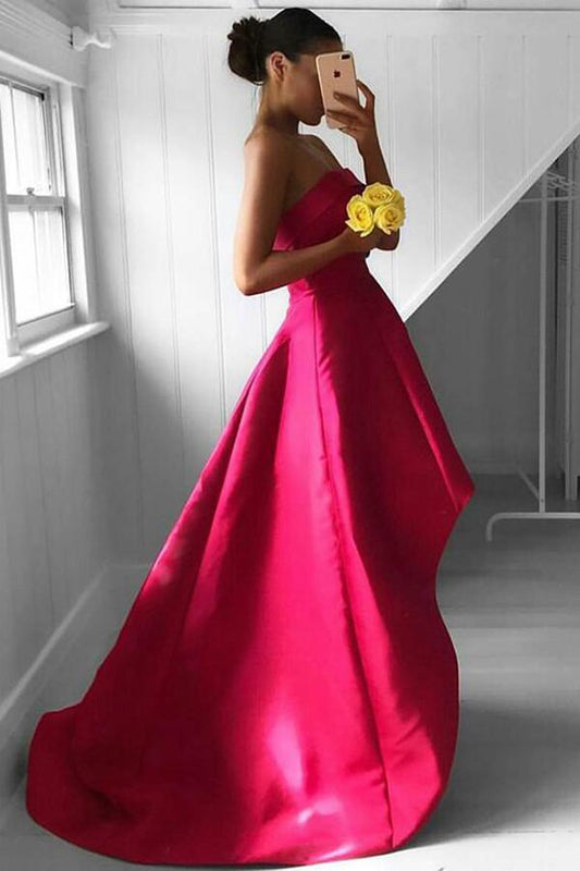 Fabulous Strapless High Low Fuchsia Pleated Prom Dress PG352