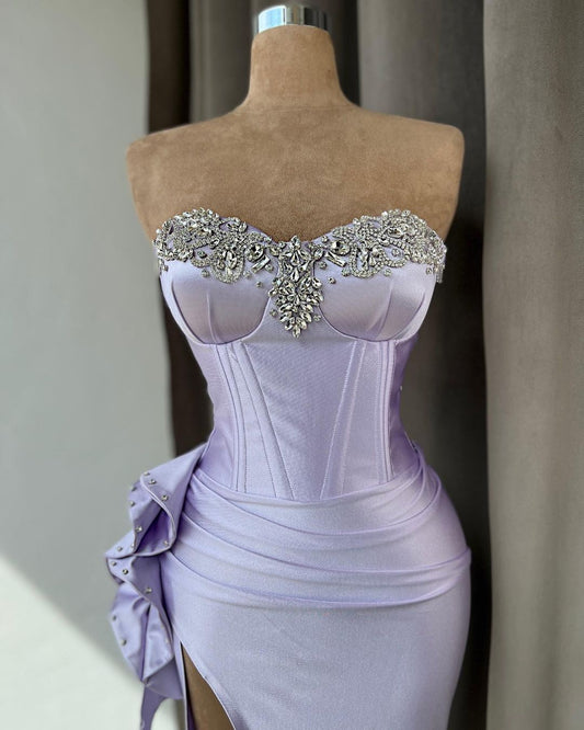 Light Purple Prom Dress with Rhinstone High Slit Gown Sleeveless YL0294