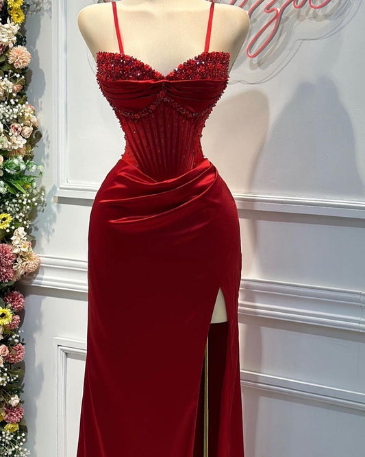 Red Prom Dress with Slit Open Backs,Fitted Long Evening Gown