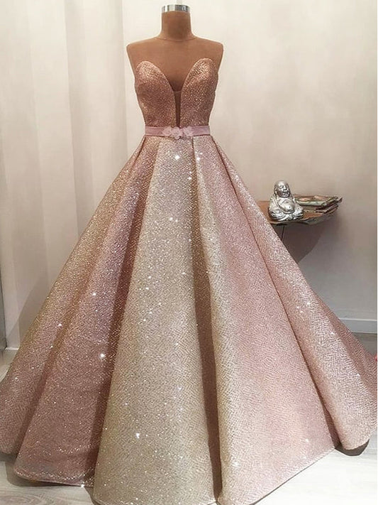 Gorgeous Shiny Rose Gold Satin Strapless Ball Gown Prom Dresses