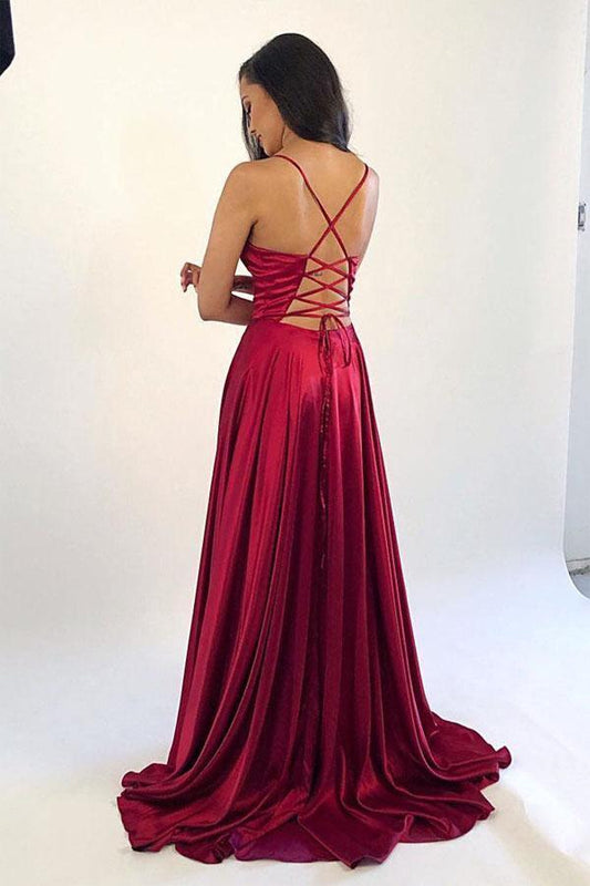 A-line Satin Simple Burgundy Prom Dress Formal Dress With Split PM227