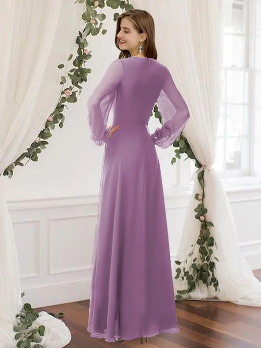 A-Line Bridesmaid Dress Long Sleeve Elegant Floor Length Chiffon with Pleats